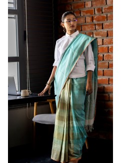 Sea blue with olive green, Handwoven Organic Cotton, Multi Textured Weave , Jacquard, Work Wear Saree